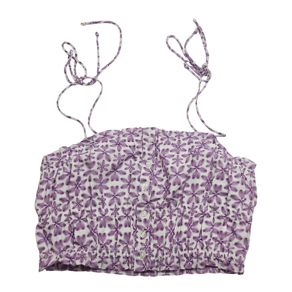 Aerie Crop Top Women XS Purple Floral Button Front Tie Strap Smocked Cotton